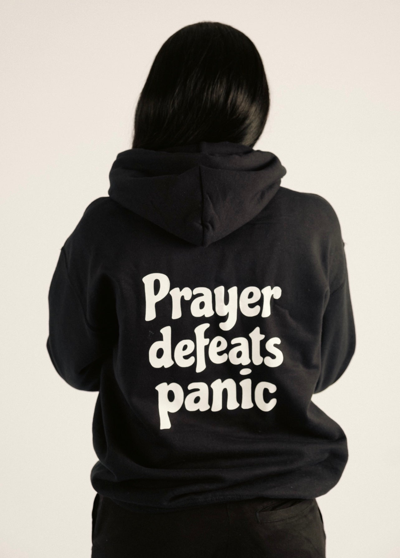 PRAYER DEFEATS PANIC HOODIE | BLACK / WHITE