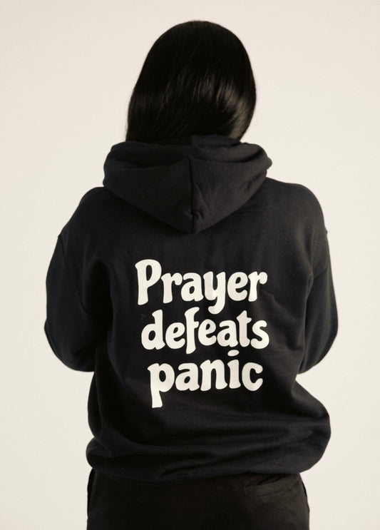 PRAYER DEFEATS PANIC HOODIE | BLACK / WHITE