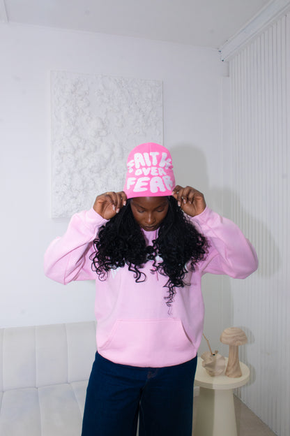 FAITH OVER FEAR PREMIUM BEANIE | PINK/WHITE